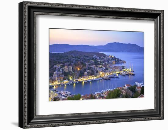 Boats in Symi Harbour from Elevated Angle at Dusk, Symi, Dodecanese, Greek Islands, Greece, Europe-Neil Farrin-Framed Photographic Print