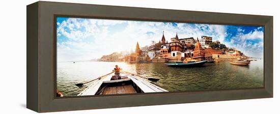 Boats in the Ganges River, Varanasi, Uttar Pradesh, India-null-Framed Stretched Canvas