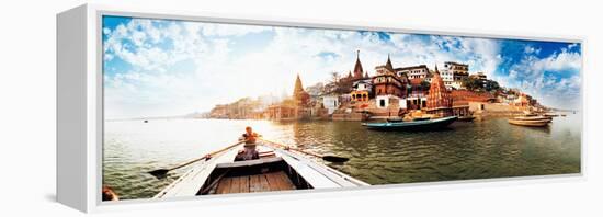 Boats in the Ganges River, Varanasi, Uttar Pradesh, India-null-Framed Stretched Canvas