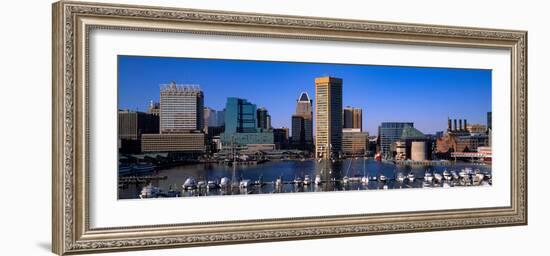 Boats moored at Inner Harbor viewed from Federal Hill with city in the background, Baltimore, Ma...-null-Framed Photographic Print