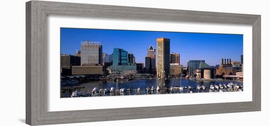 Boats moored at Inner Harbor viewed from Federal Hill with city in the background, Baltimore, Ma...-null-Framed Photographic Print