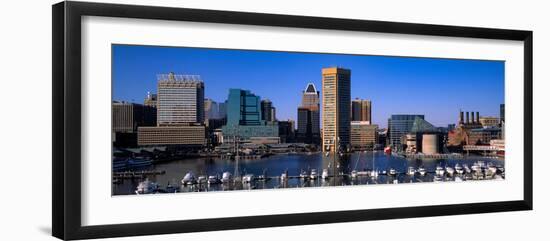 Boats moored at Inner Harbor viewed from Federal Hill with city in the background, Baltimore, Ma...-null-Framed Photographic Print