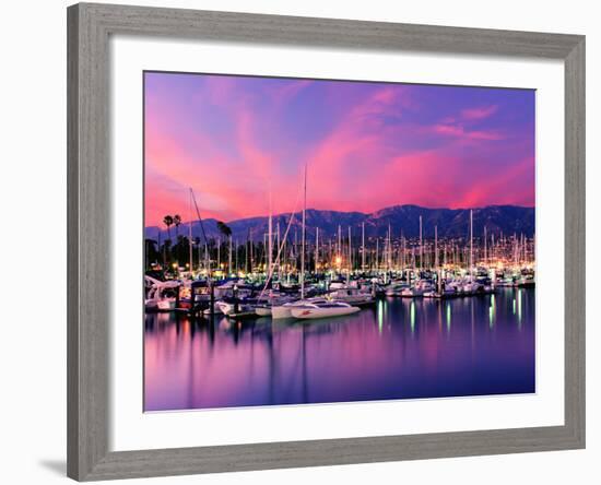 Boats Moored in Harbor at Sunset, Santa Barbara Harbor, Santa Barbara County, California, USA-null-Framed Photographic Print