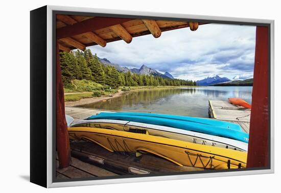 Boats on a Dock, Maligne Lake, Canada-George Oze-Framed Premier Image Canvas