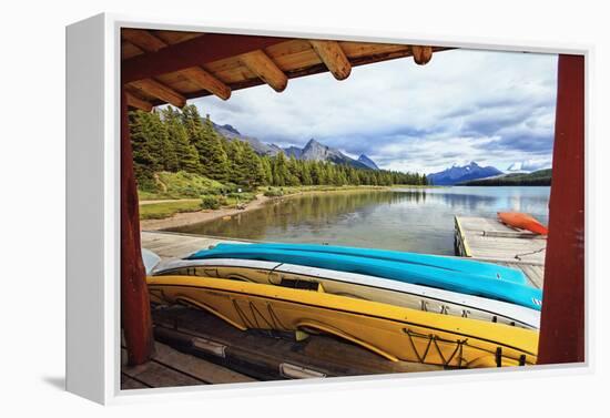 Boats on a Dock, Maligne Lake, Canada-George Oze-Framed Premier Image Canvas