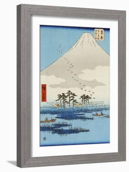 Boats on a Lake with Mount Fuji in the Background, Japanese Wood-Cut Print-Lantern Press-Framed Art Print