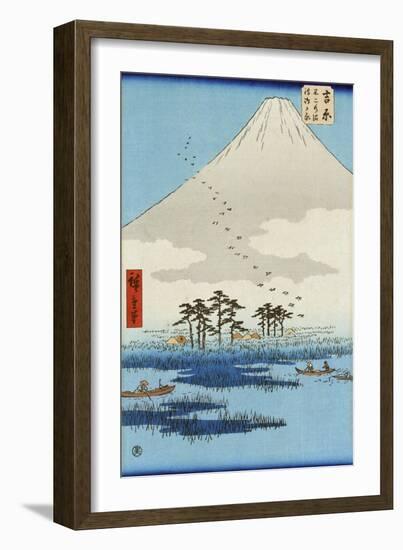 Boats on a Lake with Mount Fuji in the Background, Japanese Wood-Cut Print-Lantern Press-Framed Art Print