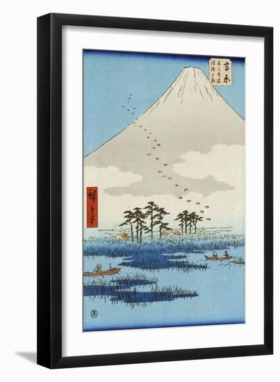 Boats on a Lake with Mount Fuji in the Background, Japanese Wood-Cut Print-Lantern Press-Framed Art Print