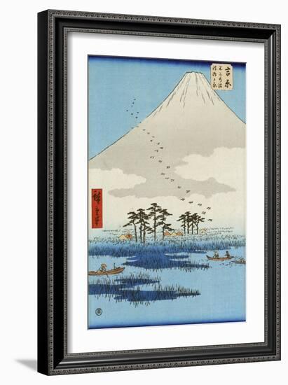 Boats on a Lake with Mount Fuji in the Background, Japanese Wood-Cut Print-Lantern Press-Framed Art Print