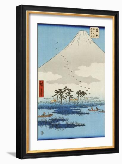 Boats on a Lake with Mount Fuji in the Background, Japanese Wood-Cut Print-Lantern Press-Framed Art Print