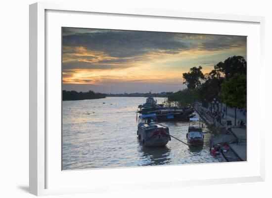 Boats on Ben Tre River at Sunset, Ben Tre, Mekong Delta, Vietnam, Indochina, Southeast Asia, Asia-Ian Trower-Framed Photographic Print