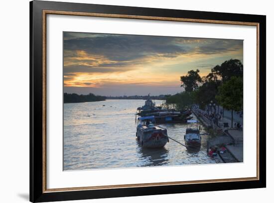 Boats on Ben Tre River at Sunset, Ben Tre, Mekong Delta, Vietnam, Indochina, Southeast Asia, Asia-Ian Trower-Framed Photographic Print