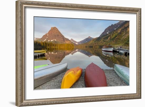 Boats on Calm Morning at Two Medicine Lake in Glacier National Park, Montana, USA-Chuck Haney-Framed Photographic Print