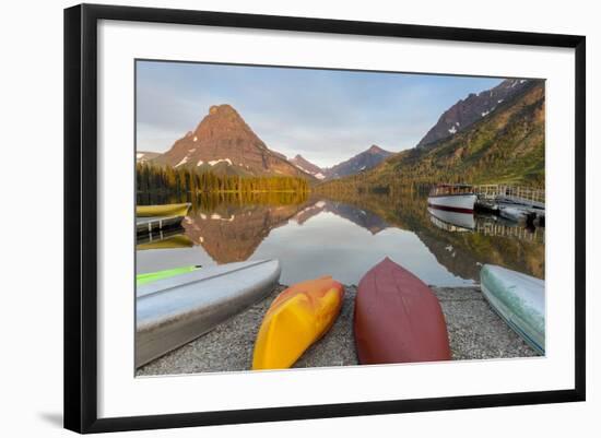 Boats on Calm Morning at Two Medicine Lake in Glacier National Park, Montana, USA-Chuck Haney-Framed Photographic Print