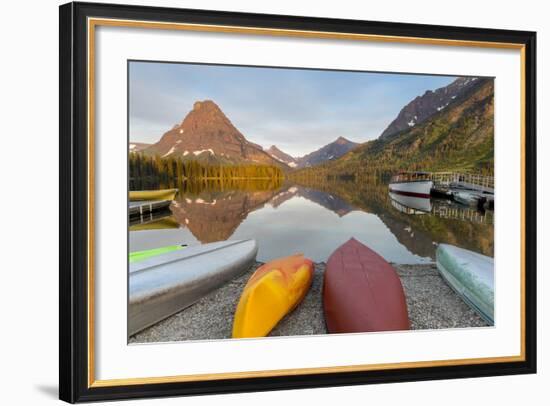 Boats on Calm Morning at Two Medicine Lake in Glacier National Park, Montana, USA-Chuck Haney-Framed Photographic Print