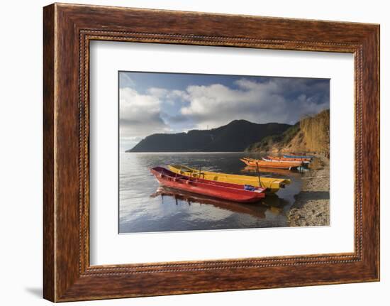 Boats on Lugu Lake, Lige village, Yunnan, China, Asia-Ian Trower-Framed Photographic Print