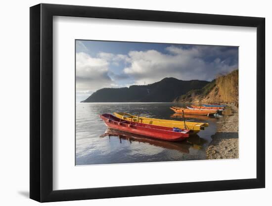 Boats on Lugu Lake, Lige village, Yunnan, China, Asia-Ian Trower-Framed Photographic Print