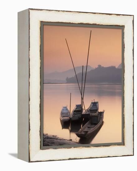 Boats on Mekong River at Sunset, Luang Prabang, Laos-Ian Trower-Framed Premier Image Canvas