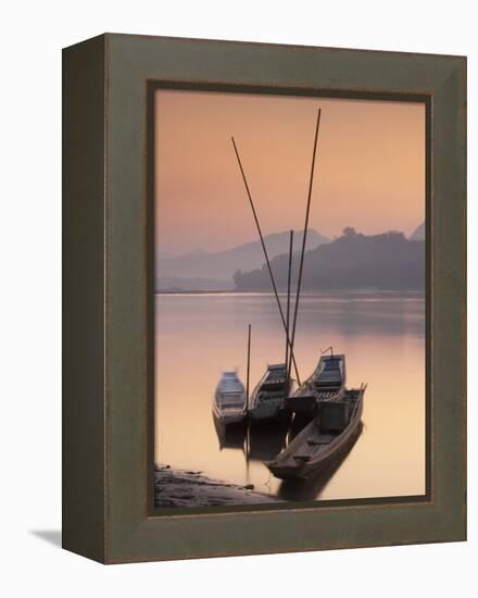 Boats on Mekong River at Sunset, Luang Prabang, Laos-Ian Trower-Framed Premier Image Canvas