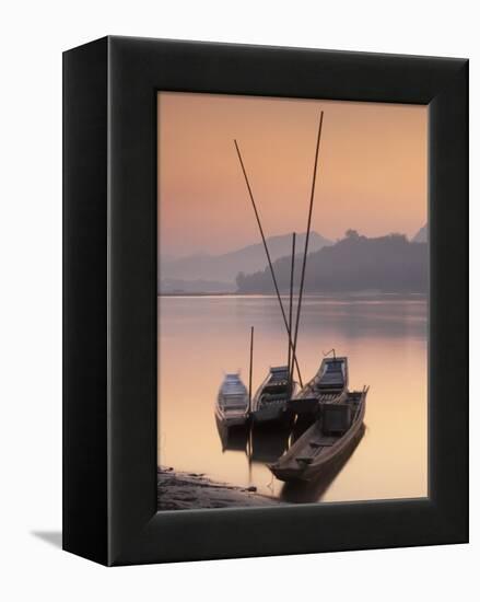 Boats on Mekong River at Sunset, Luang Prabang, Laos-Ian Trower-Framed Premier Image Canvas