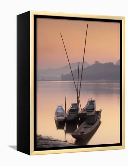Boats on Mekong River at Sunset, Luang Prabang, Laos-Ian Trower-Framed Premier Image Canvas