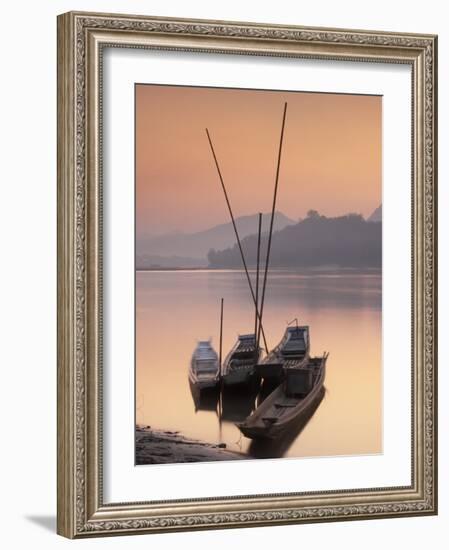 Boats on Mekong River at Sunset, Luang Prabang, Laos-Ian Trower-Framed Photographic Print