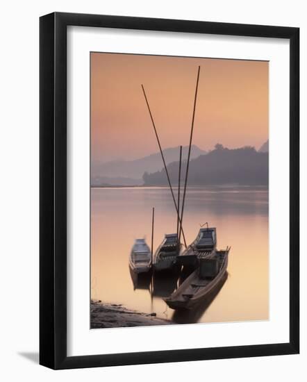 Boats on Mekong River at Sunset, Luang Prabang, Laos-Ian Trower-Framed Photographic Print