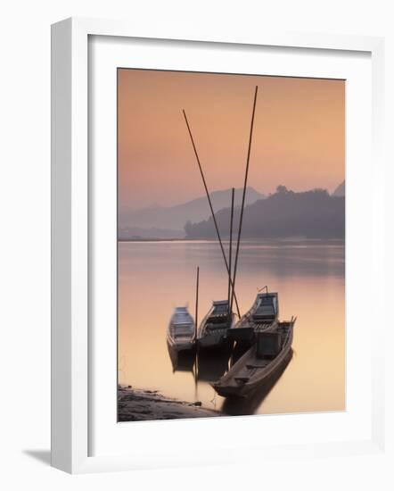 Boats on Mekong River at Sunset, Luang Prabang, Laos-Ian Trower-Framed Photographic Print