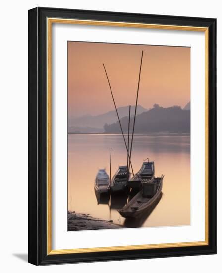 Boats on Mekong River at Sunset, Luang Prabang, Laos-Ian Trower-Framed Photographic Print