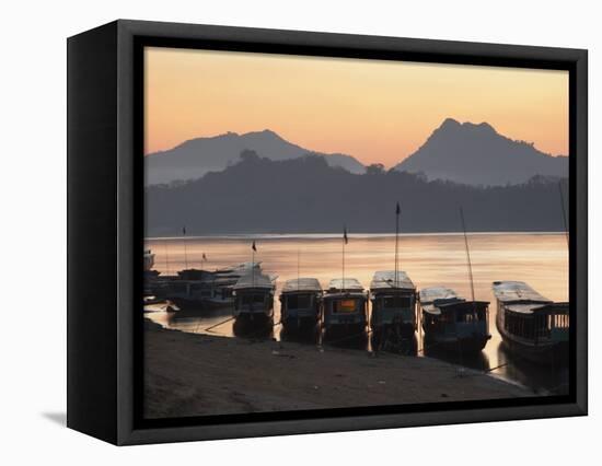 Boats on Mekong River at Sunset, Luang Prabang, Laos-Ian Trower-Framed Premier Image Canvas