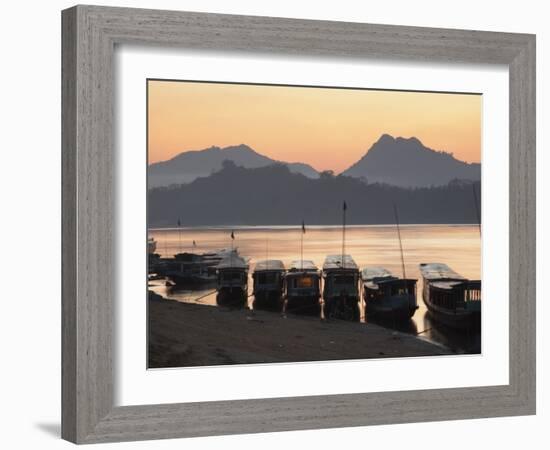 Boats on Mekong River at Sunset, Luang Prabang, Laos-Ian Trower-Framed Photographic Print