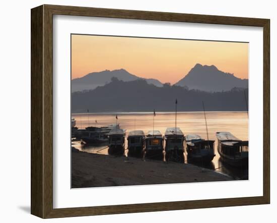 Boats on Mekong River at Sunset, Luang Prabang, Laos-Ian Trower-Framed Photographic Print