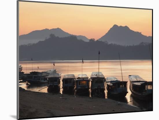 Boats on Mekong River at Sunset, Luang Prabang, Laos-Ian Trower-Mounted Photographic Print