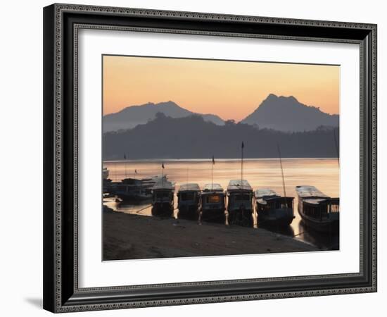 Boats on Mekong River at Sunset, Luang Prabang, Laos-Ian Trower-Framed Photographic Print