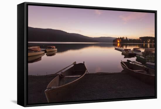 boats on the Schluchsee at sundown, Black Forest, Baden-Wurttemberg, Germany-Markus Lange-Framed Stretched Canvas