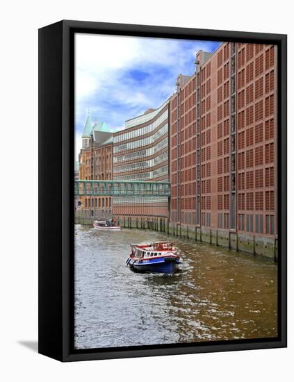 Boats Pass by Waterfront Warehouses and Lofts, Speicherstadt Warehouse District, Hamburg, Germany-Miva Stock-Framed Premier Image Canvas