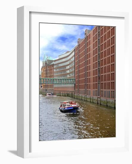 Boats Pass by Waterfront Warehouses and Lofts, Speicherstadt Warehouse District, Hamburg, Germany-Miva Stock-Framed Photographic Print