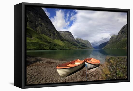 Boats Pulled Up by a Fjord, Songdal Region, Near Bergen, Western Norway, Scandinavia, Europe-David Pickford-Framed Premier Image Canvas