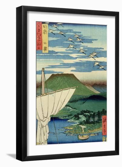 Boats, Village and Castle at Ueno, Iyo Province from 'Famous Places of the Sixty Provinces, 1854-Ando Hiroshige-Framed Giclee Print