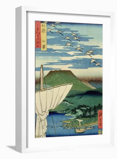 Boats, Village and Castle at Ueno, Iyo Province from 'Famous Places of the Sixty Provinces, 1854-Ando Hiroshige-Framed Giclee Print