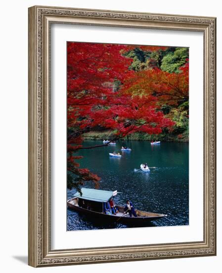 Boats with Tourists Showing Arashiyama's Autumn Colours, Kyoto, Japan-Frank Carter-Framed Photographic Print