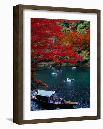 Boats with Tourists Showing Arashiyama's Autumn Colours, Kyoto, Japan-Frank Carter-Framed Photographic Print