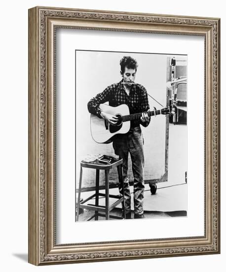 Bob Dylan Playing Guitar and Harmonica into Microphone. 1965-null-Framed Art Print