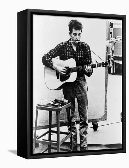 Bob Dylan Playing Guitar and Harmonica into Microphone. 1965-null-Framed Stretched Canvas