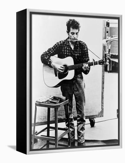 Bob Dylan Playing Guitar and Harmonica into Microphone. 1965-null-Framed Stretched Canvas