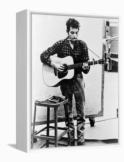 Bob Dylan Playing Guitar and Harmonica into Microphone. 1965-null-Framed Stretched Canvas