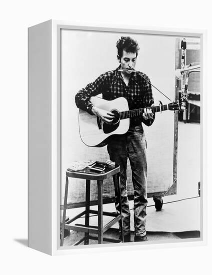 Bob Dylan Playing Guitar and Harmonica into Microphone. 1965-null-Framed Stretched Canvas