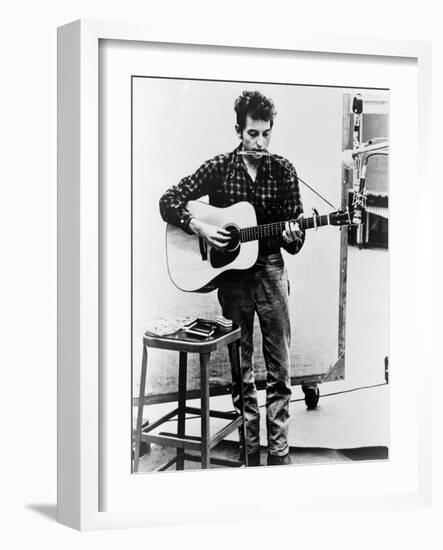 Bob Dylan Playing Guitar and Harmonica into Microphone. 1965-null-Framed Art Print