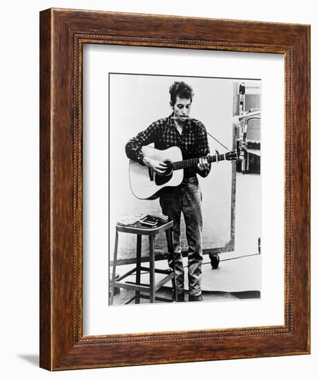 Bob Dylan Playing Guitar and Harmonica into Microphone. 1965-null-Framed Premium Giclee Print