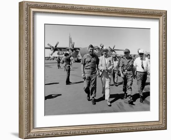 Bob Hope, Walks with Generals at Pleiku Air Base, South Vietnam, Dec. 19, 1966-null-Framed Photo